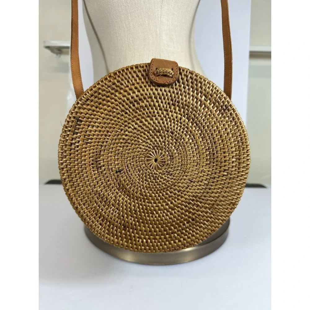Ata Grass Wicker Rattan Leather Round Saddle Brown Tan Boho Crossbody Handbag